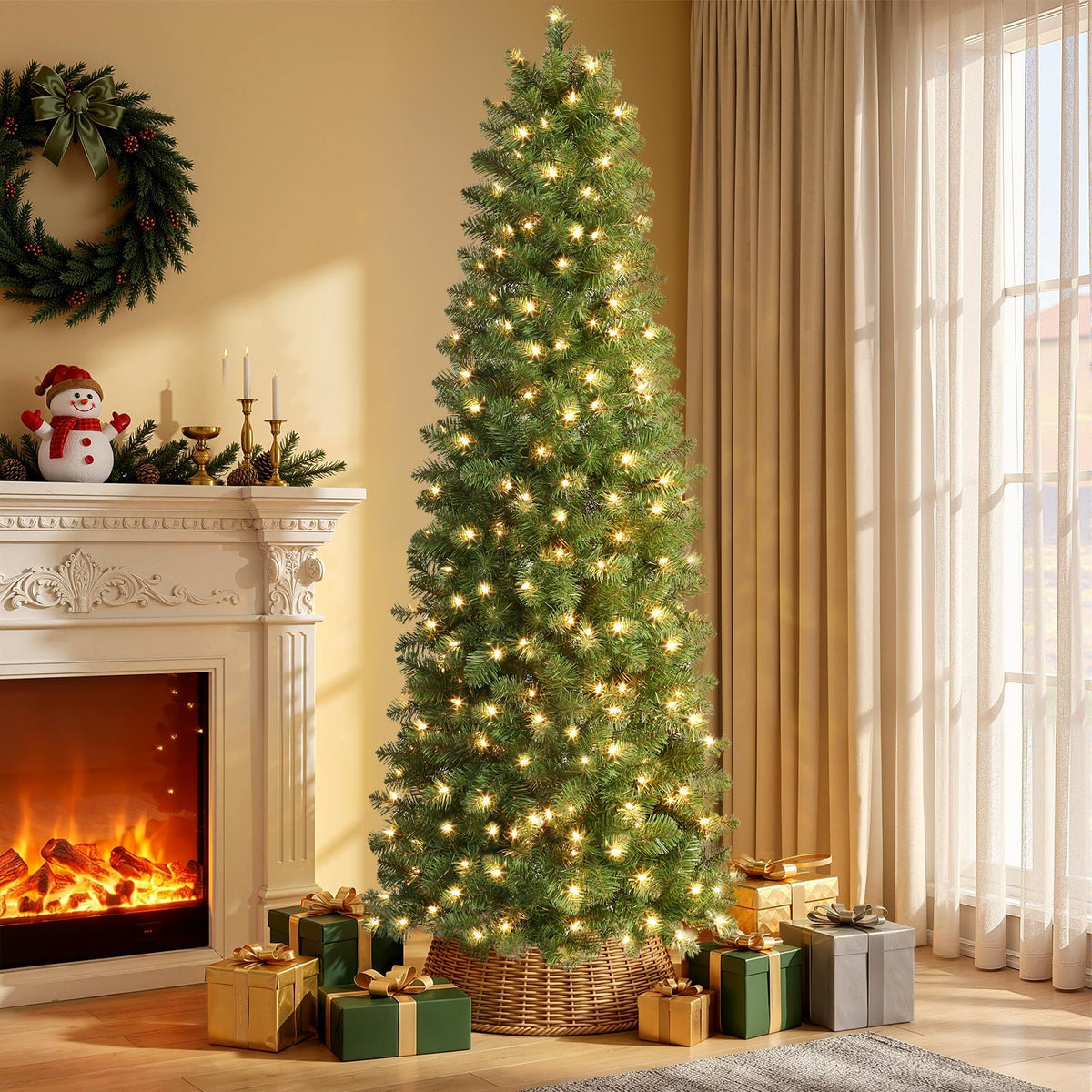 SHareconn Prelit Artificial Pencil Christmas Tree 6FT & Warm White Lights