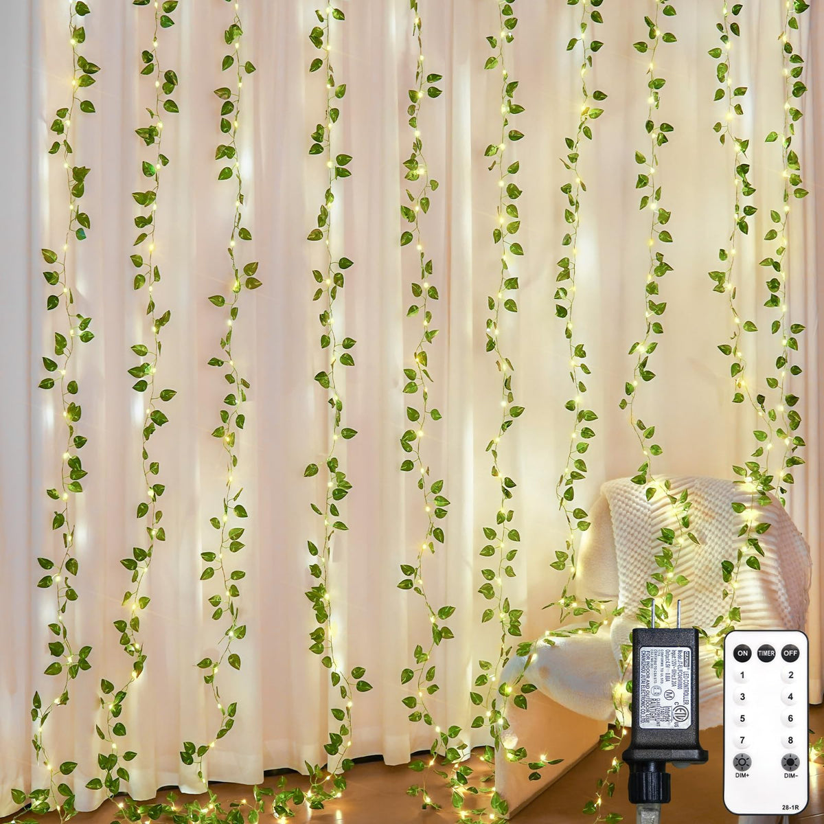 suddus 200 LED Vine with Light Plug in, 6.5ft x 6.5ft Pothos Fairy Curtain Lights with Remote, Leaf Fairy Lights for Wall,Bedroom, Dorm, Wedding, Party, Indoor Decor(Warm White)