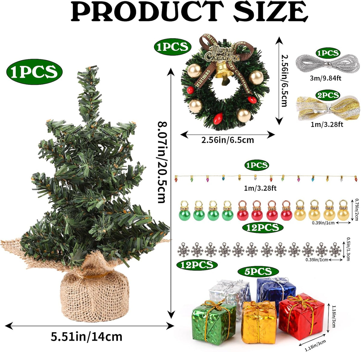 FOIMAS Mini Christmas Tree for Dollhouse Decoration,7.8 Inch Miniature Artificial Christmas Tree with Fake Lights Xmas Ball Wreath Ornament for Xmas Dollhouse Craft Decor Supply