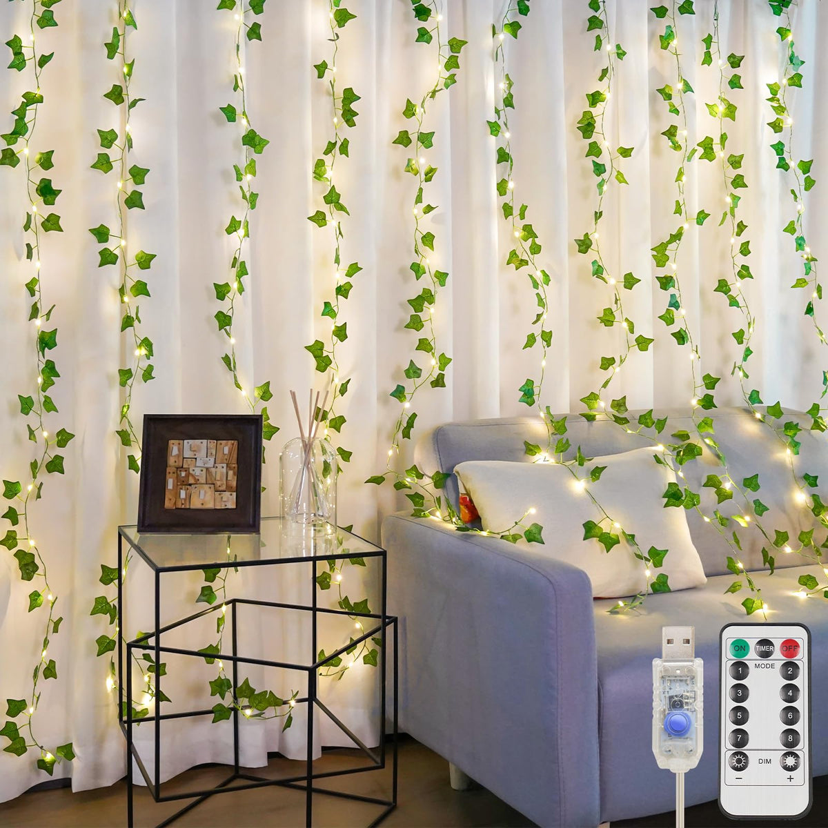 suddus 200 LED Vine with Light Plug in, 6.5ft x 6.5ft Pothos Fairy Curtain Lights with Remote, Leaf Fairy Lights for Wall,Bedroom, Dorm, Wedding, Party, Indoor Decor(Warm White)