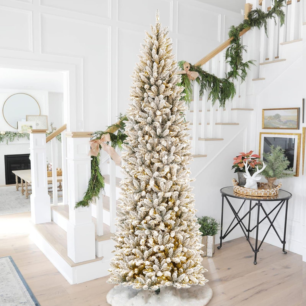 Glitzhome 7.5ft Prelit Christmas Tree, Artificial Christmas Tree with 350 Warm White Lights, Flocked Pencil Christmas Trees Chicago Frostwood Spruce with 1,211 PE&PVC Branch Tips,Sturdy Metal Stand
