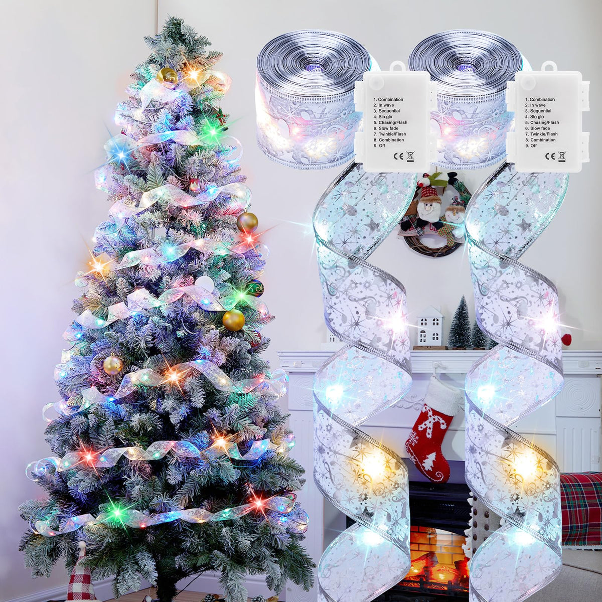 2 Pack Christmas Tree Ribbon String Lights - 33ft 100 LED Battery Powered Fairy Lights with Timer and 8 Lighting Modes, Christmas Ribbon Bows Lights for 6ft - 8ft Christmas Tree New Year Decor, Gold