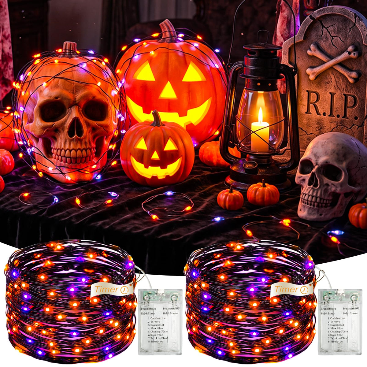 2 Pack Orange Fairy Lights, 16FT 50LED Halloween String Lights