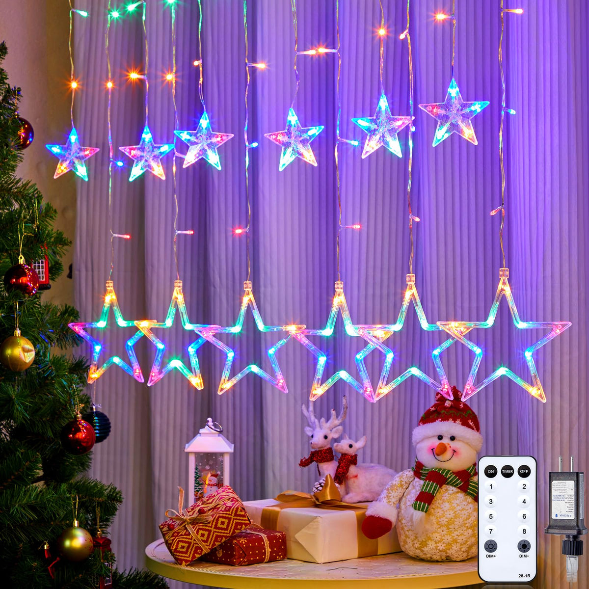 Star Curtain Lights for Bedroom - Plug-in 9ft 138 LED Fairy Twinkle Lights with 12 Star Drops, Connectable Window Lights with Remote 8 Lighting Modes for Indoor Xmas Ramadan Decoration, Warm White