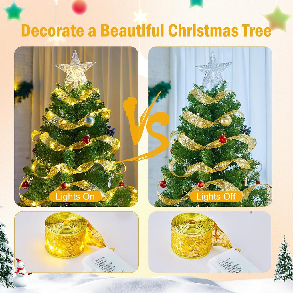2 Pack Christmas Tree Ribbon String Lights - 33ft 100 LED Battery Powered Fairy Lights with Timer and 8 Lighting Modes, Christmas Ribbon Bows Lights for 6ft - 8ft Christmas Tree New Year Decor, Gold