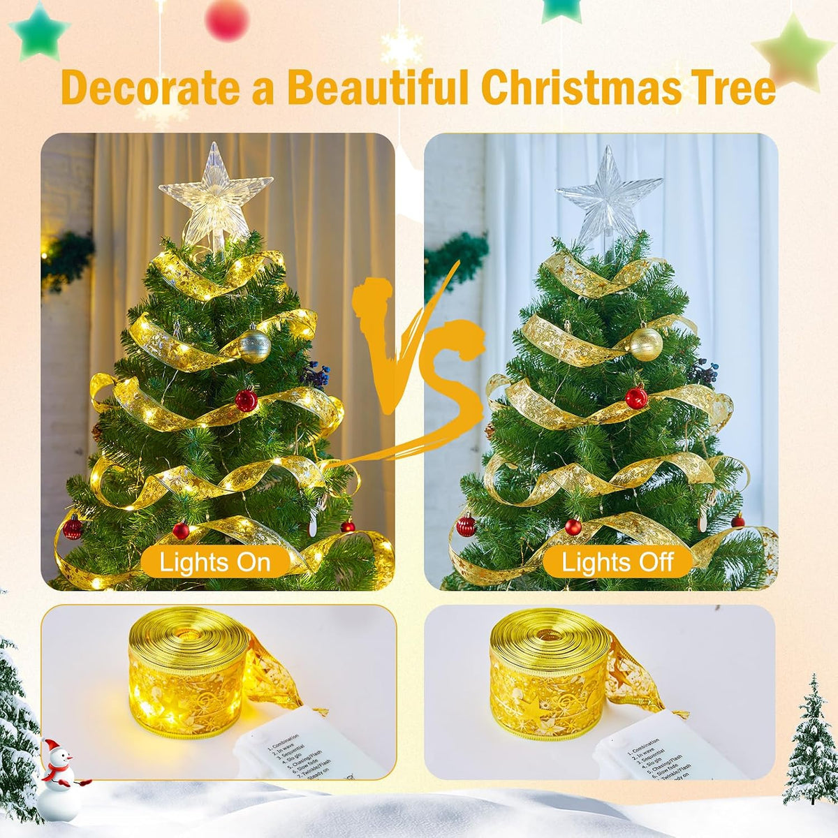 2 Pack Christmas Tree Ribbon String Lights - 33ft 100 LED Battery Powered Fairy Lights with Timer and 8 Lighting Modes, Christmas Ribbon Bows Lights for 6ft - 8ft Christmas Tree New Year Decor, Gold