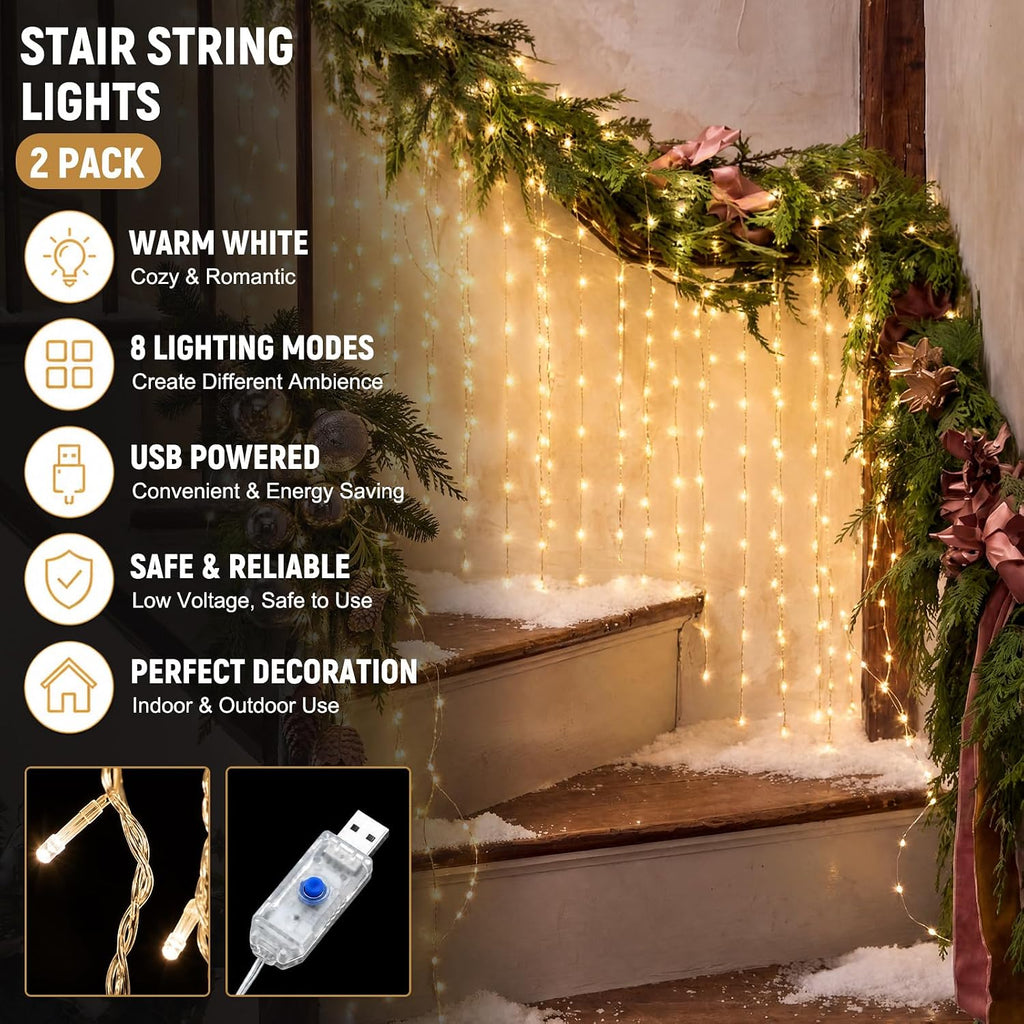 VIHOSE 2 Set Christmas Stair Curtain Light, Per 11.8 Ftx2.6ft, 8 Light Mode