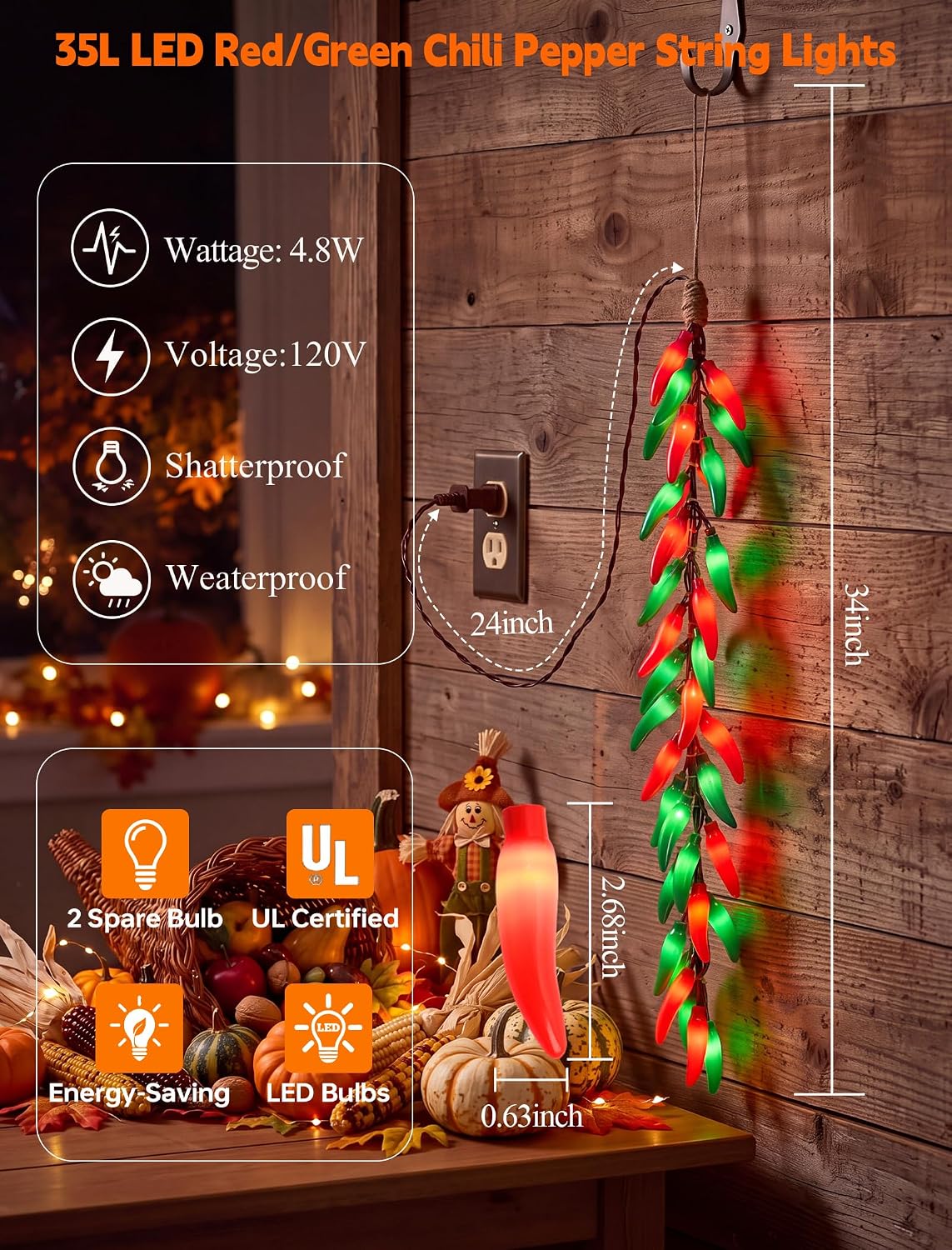 Christmas Chili Pepper Lights, 35 Plug-In Red/Green Pepper Hanging Lights