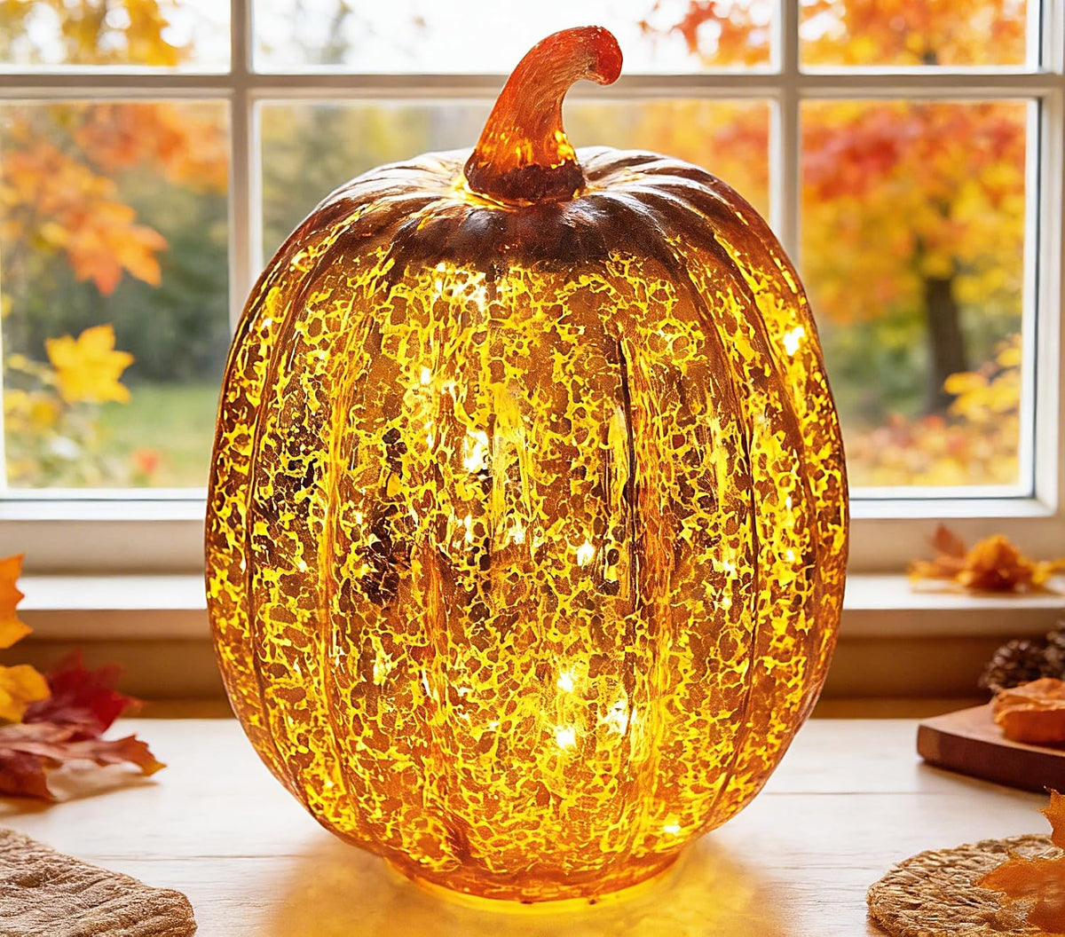 Fall Decorations for Home,Mercury Glass Pumpkin Lights with Timer(Gold)