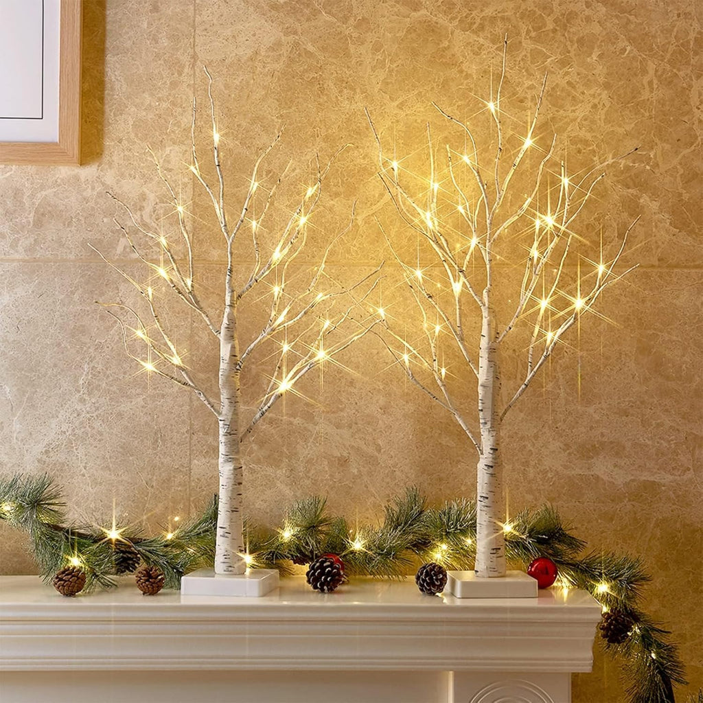 PEIDUO Christmas Decorations, 2FT Birch Tree with LED Lights, Warm White Light up Tree Lamp, Artificial Trees for Home Table Inside, Battery Powered, Timer (2PK)