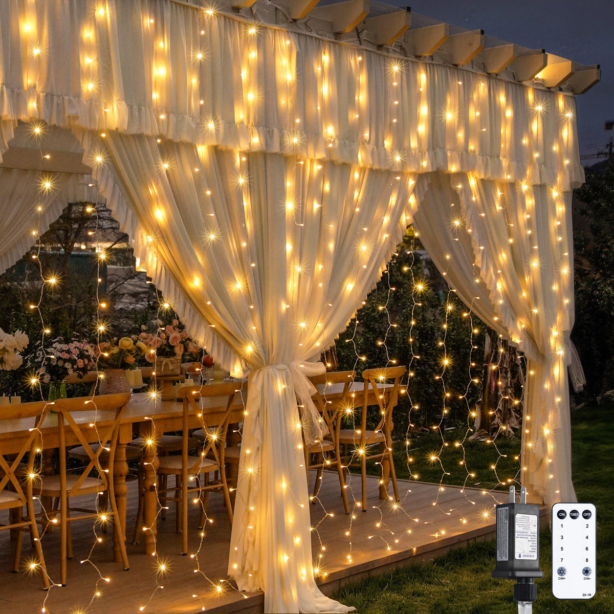 JMEXSUSS 300 LED Remote Control Curtain Lights, Plug in Fairy Curtain Lights Outdoor, Window Wall Hanging String Lights for Bedroom Indoor Dorm Backdrop Wedding Party Patio Christmas Decor, Warm White