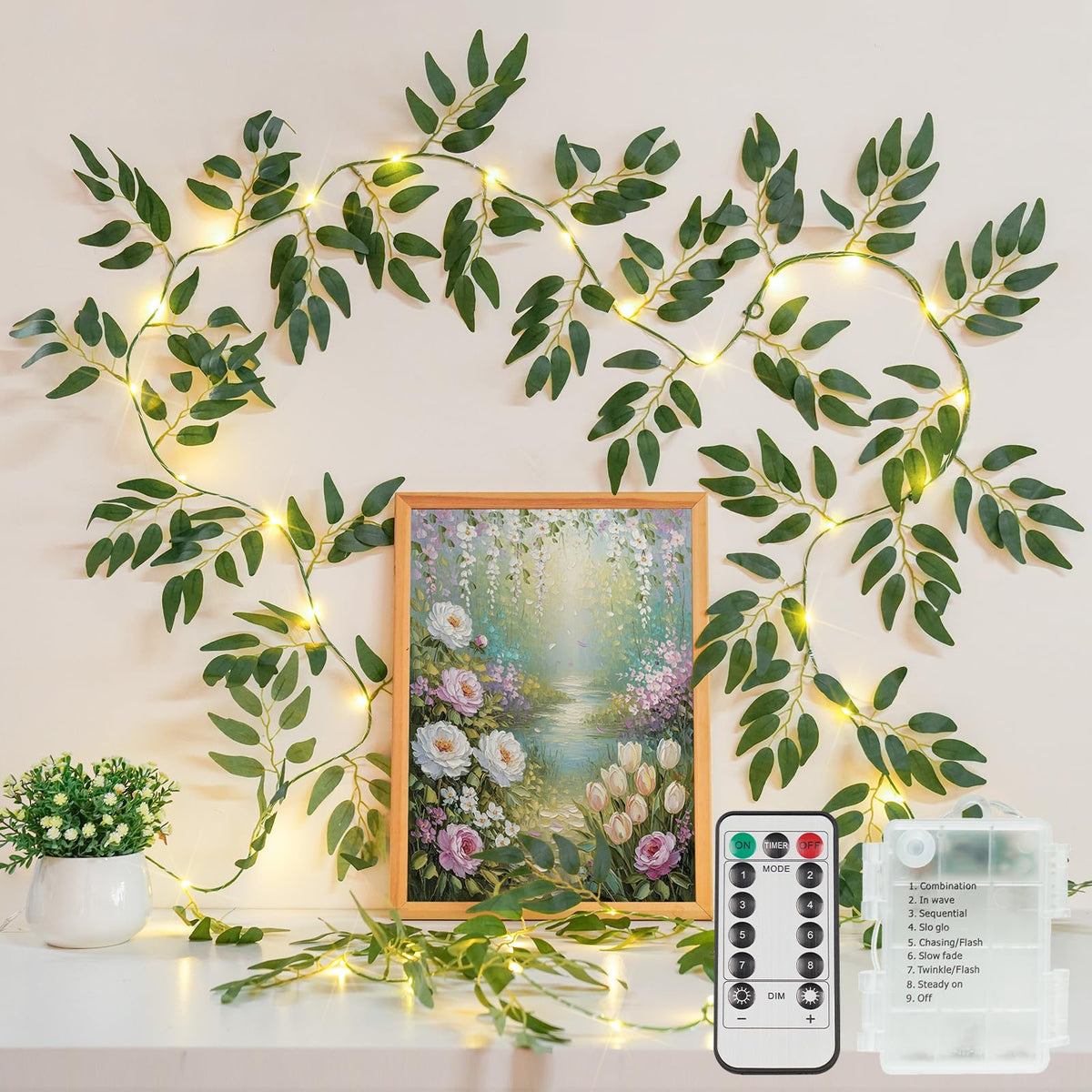 suddus 60LED Garland with White Camellia Lights Battery Operated Clear Wire
