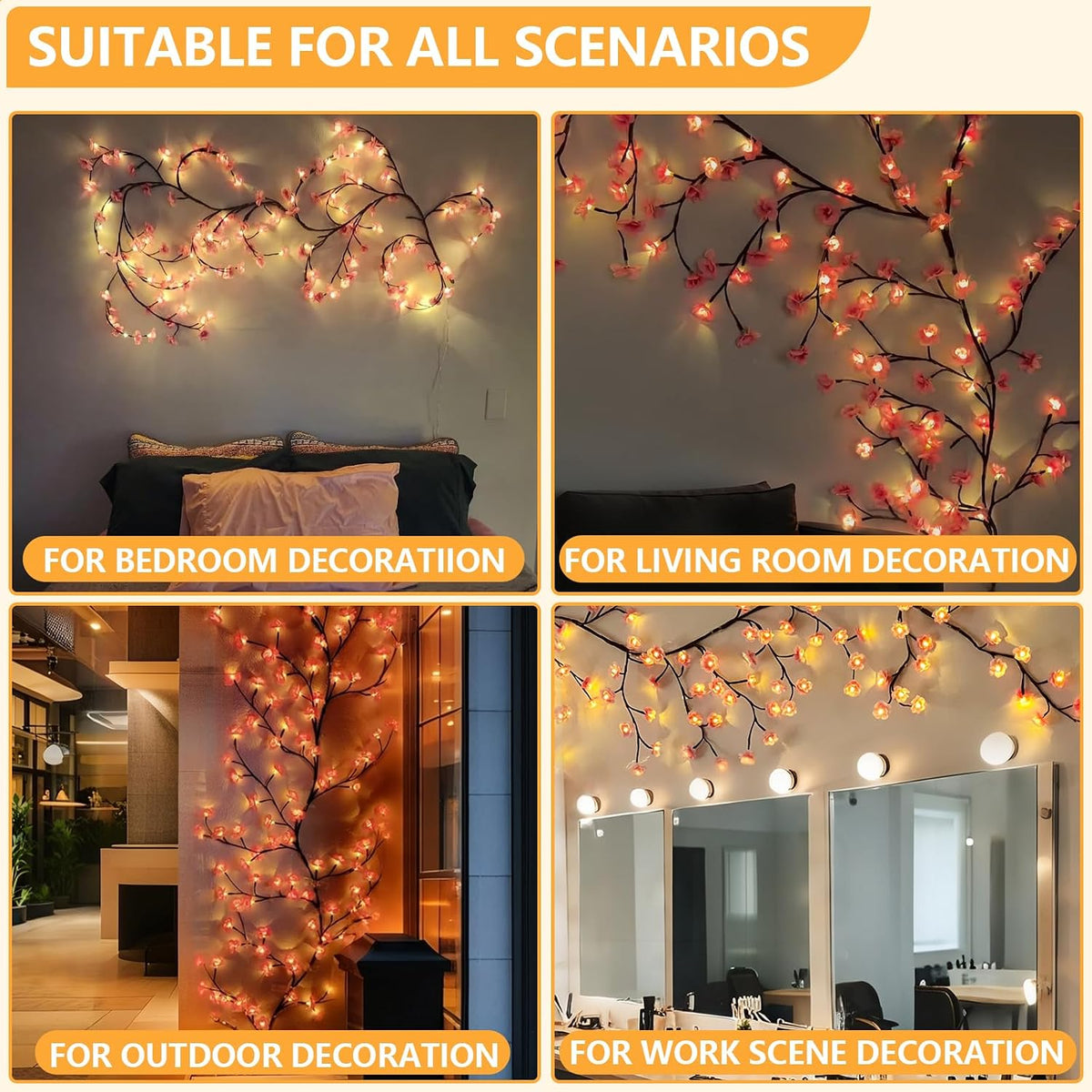 7.55FT 144LED Pink Cherry Blossom Tree Branch Lights for Wall Battery Box