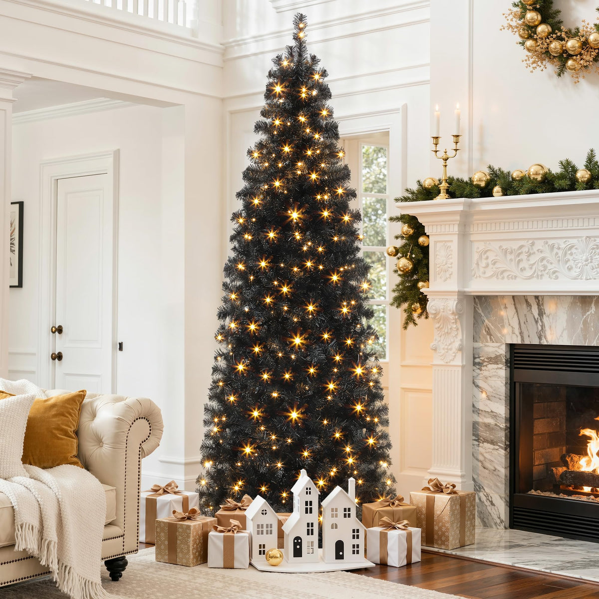 DWVO 6ft Pre-lit Artificial Christmas Tree, Slim Partial Snowy Pencil Kingswood Fir Christmas Trees with 50 Pine Cones, 618 Branch Tips & 250 UL Listed Lights with Remote Control for Home Party