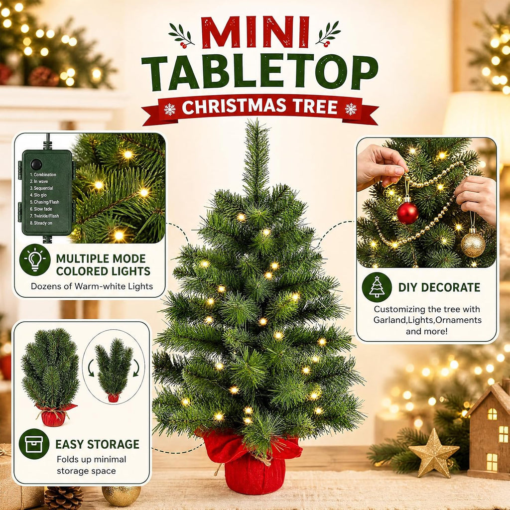 2ft Pre-lit Artificial Mini Christmas Tree,Small Xmas Tree