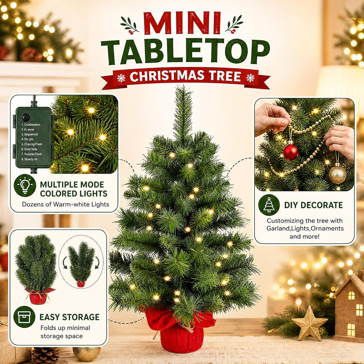 2ft Pre-lit Artificial Mini Christmas Tree,Small Xmas Tree