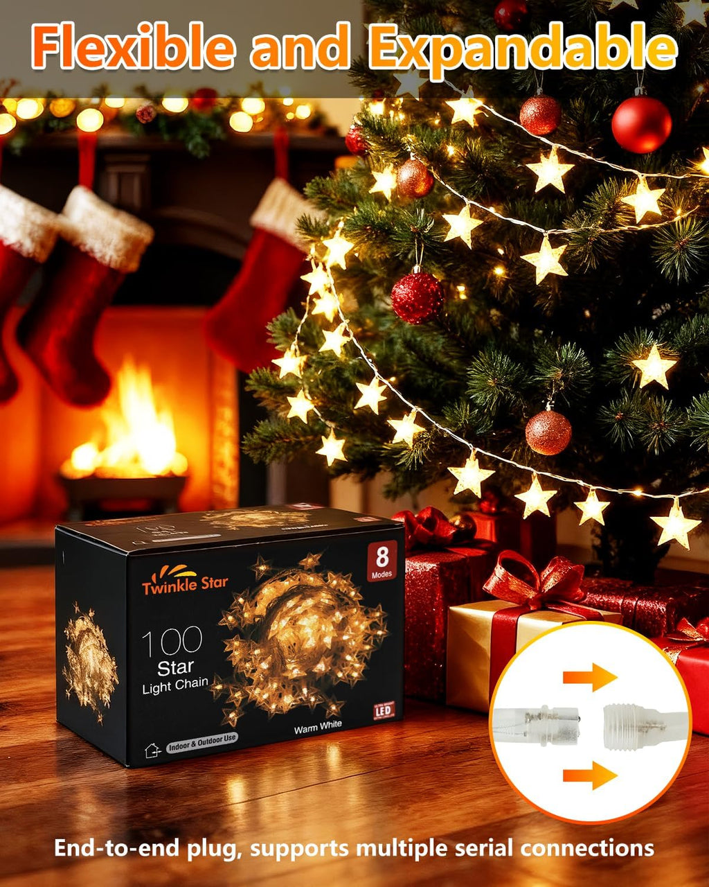 Twinkle Star 100 LED Star String Lights Plug in 33FT, Warm White