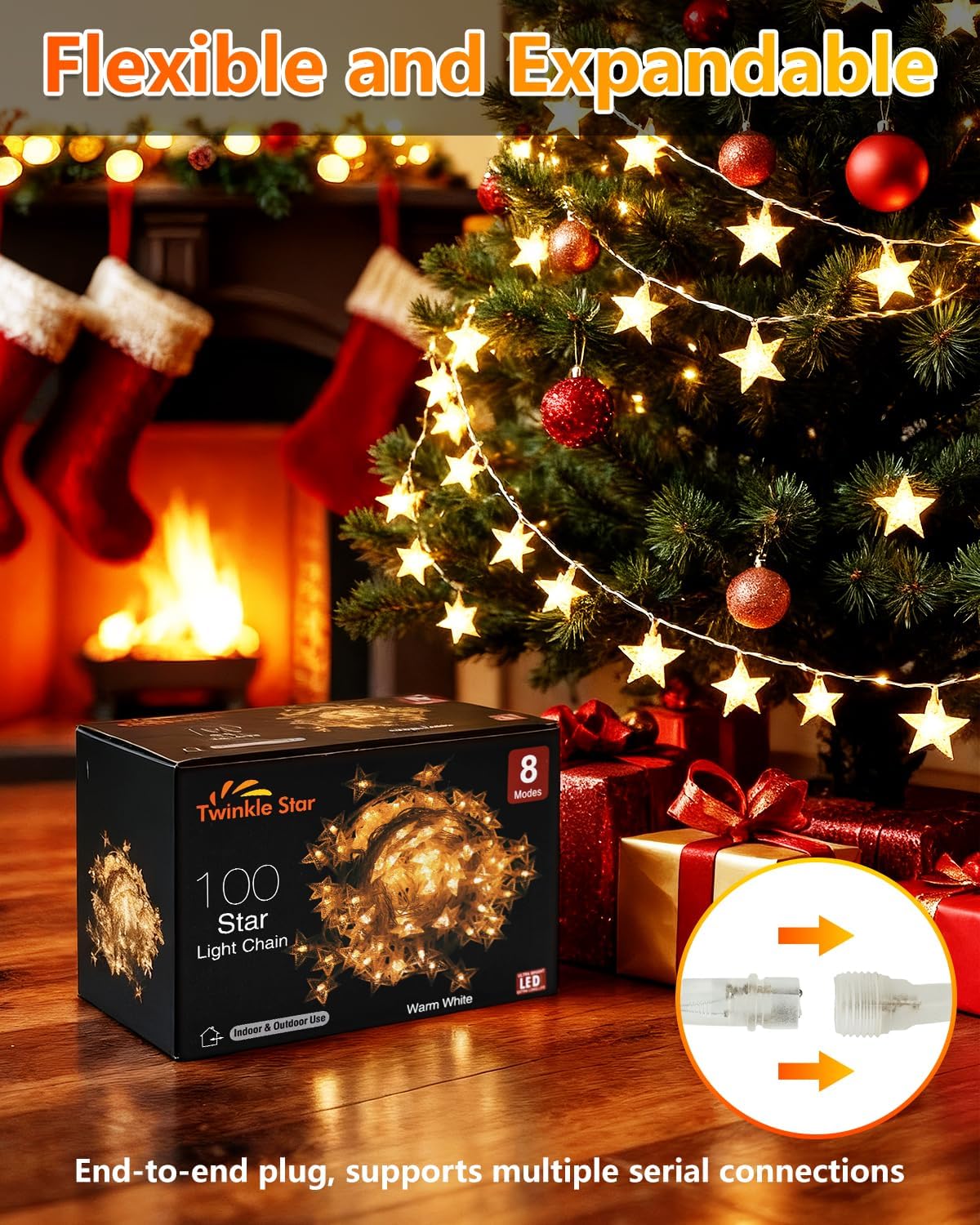 Twinkle Star 100 LED Star String Lights Plug in 33FT, Warm White
