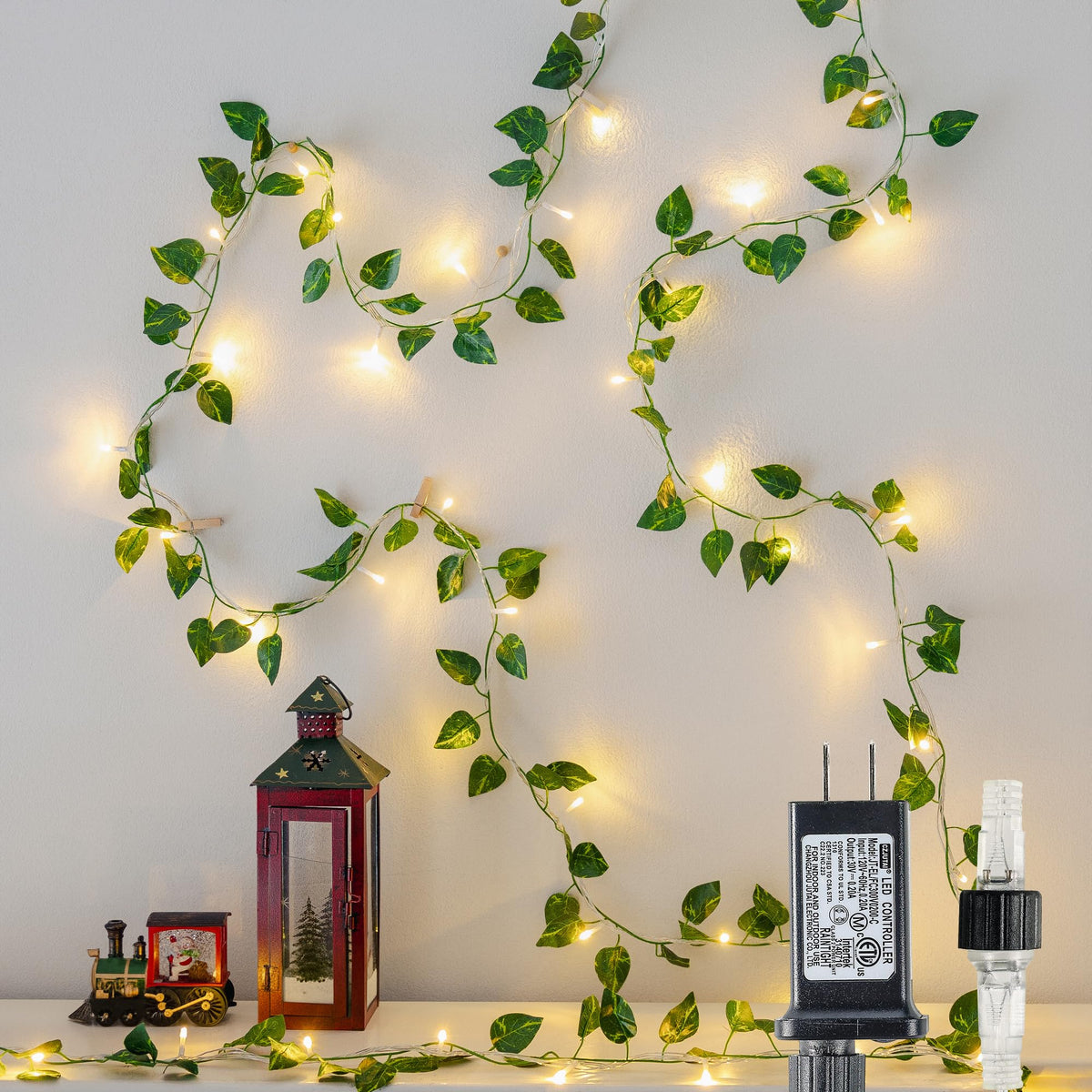Vine String Lights Plug in, 23FT 73 LED Vines with Fairy Lights, Faux Pothos Leaf Garland with Light for Bedroom, Dorm Room, Wedding, Party & Home Decor, Warm White