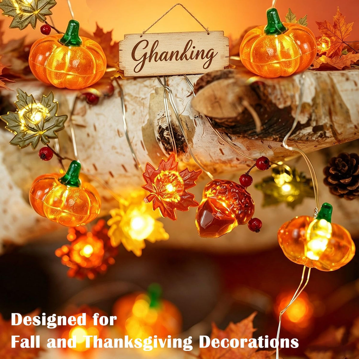 BOHON Thanksgiving Decoration 30 LEDs Acorn 3D Pumpkin Leaf String Lights