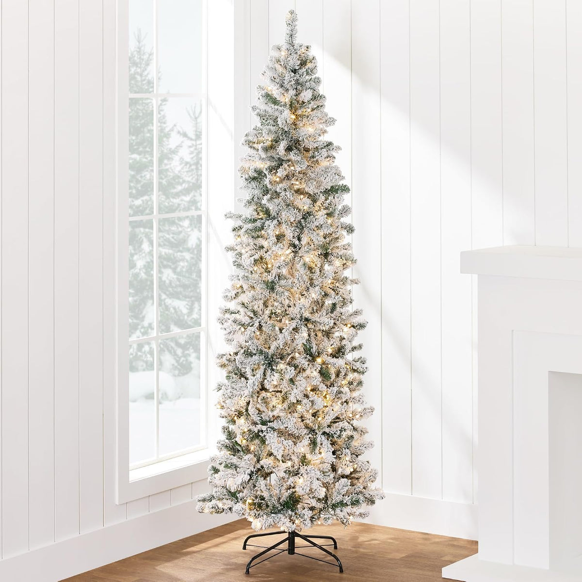 Best Choice Products 6ft Flocked Pencil Christmas Tree w/Twinkling LEDs, Pre-Lit Slim Artificial Holiday Decoration, Lighted Skinny w/Base, 250 Lights, 502 Tips, Warm White Lights