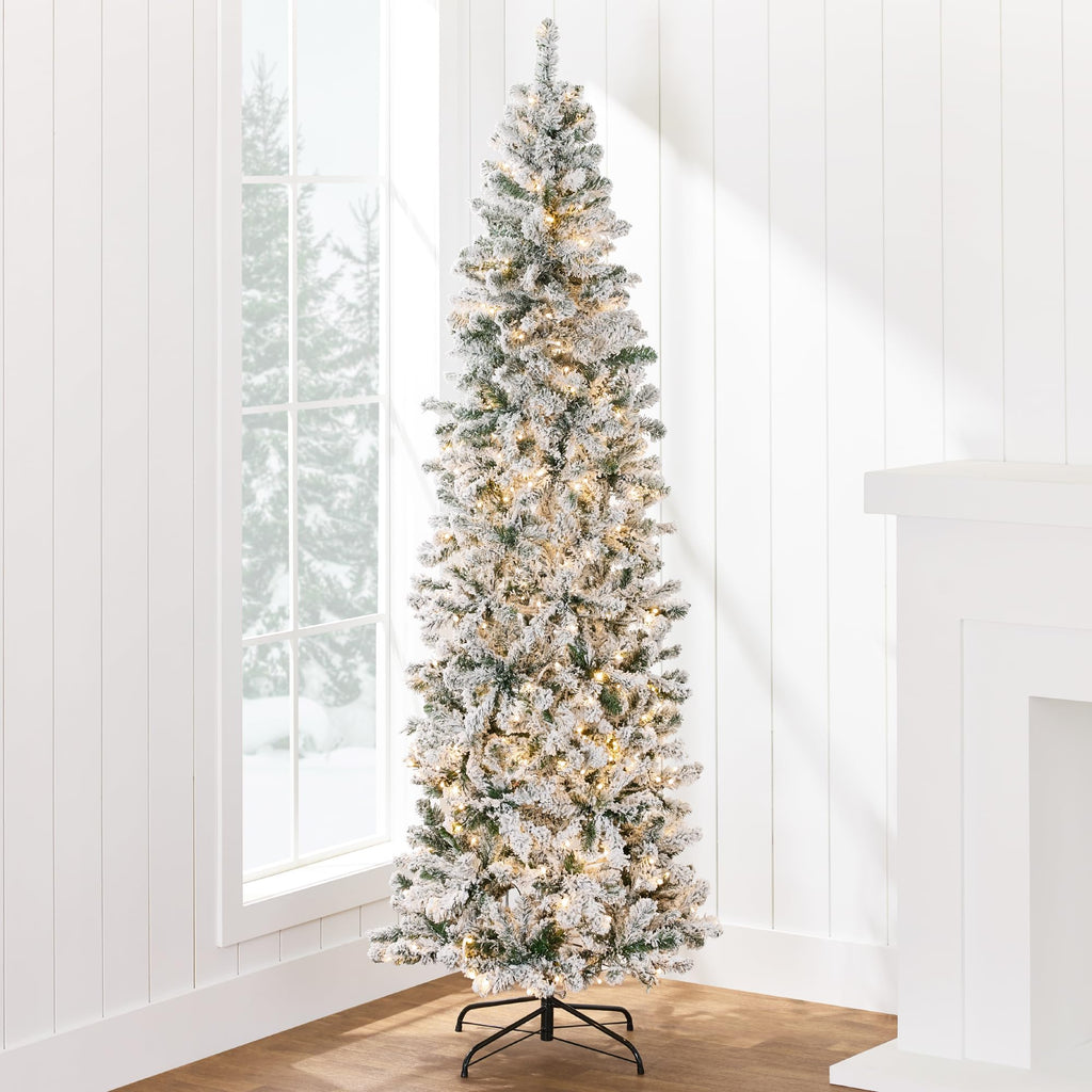 Best Choice Products 6ft Flocked Pencil Christmas Tree w/Twinkling LEDs, Pre-Lit Slim Artificial Holiday Decoration, Lighted Skinny w/Base, 250 Lights, 502 Tips, Warm White Lights