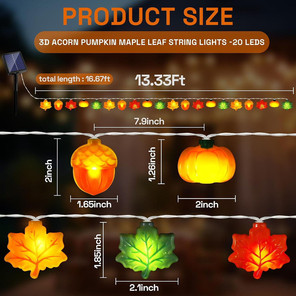 Solar Fall Lights Outdoor 17.4Ft 3D Acorn Pumpkin Maple Leaf String Lights, 8 Modes Thanksgiving Lights Fall Decor Thanksgiving Decorations for Outdoor