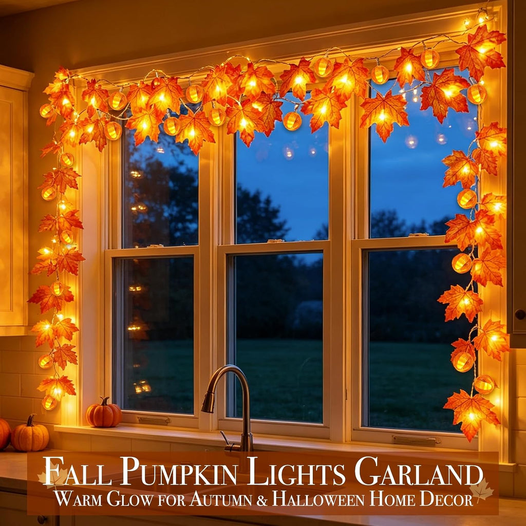 3 Pack Fall Garland with Pumpkin Lights Enlarged Maple Leaves 30Ft 60LED