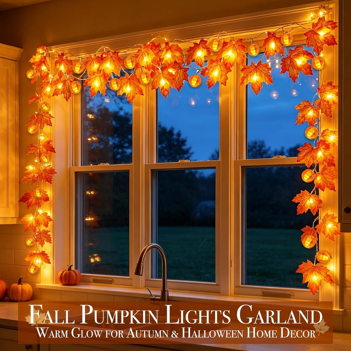 3 Pack Fall Garland with Pumpkin Lights Enlarged Maple Leaves 30Ft 60LED