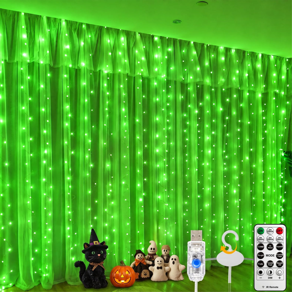 Fairy Curtain Light, 300LED 9.8x9.8ft, Remote & 8 Modes, USB