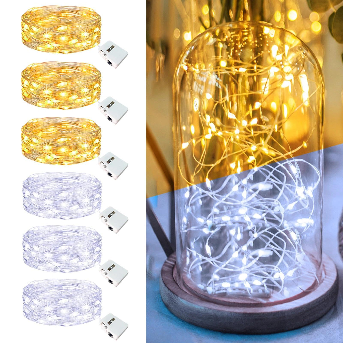6 Pack Fairy Lights Battery Operated - 7ft 20 Led Twinkle lights 3 Modes, Bulk Mini String Lights Waterproof for Mason Jars Vases DIY Party Table Centerpieces Christmas Decoration -Warm White