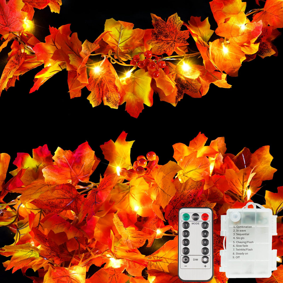 suddus 20 LED Fall Leaves Garland with Lights Battery Operated Timer Yellow