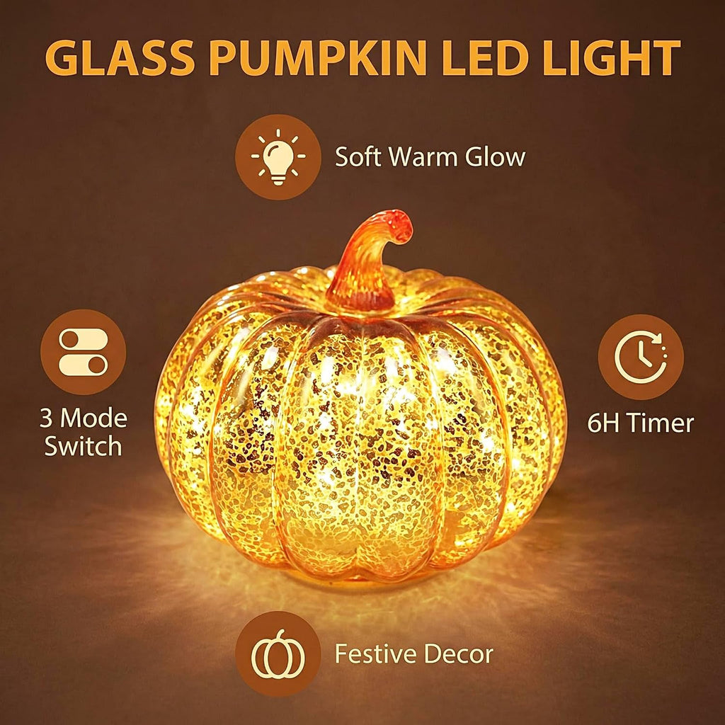 Fall Decorations for Home,Mercury Glass Pumpkin Lights with Timer(Gold)