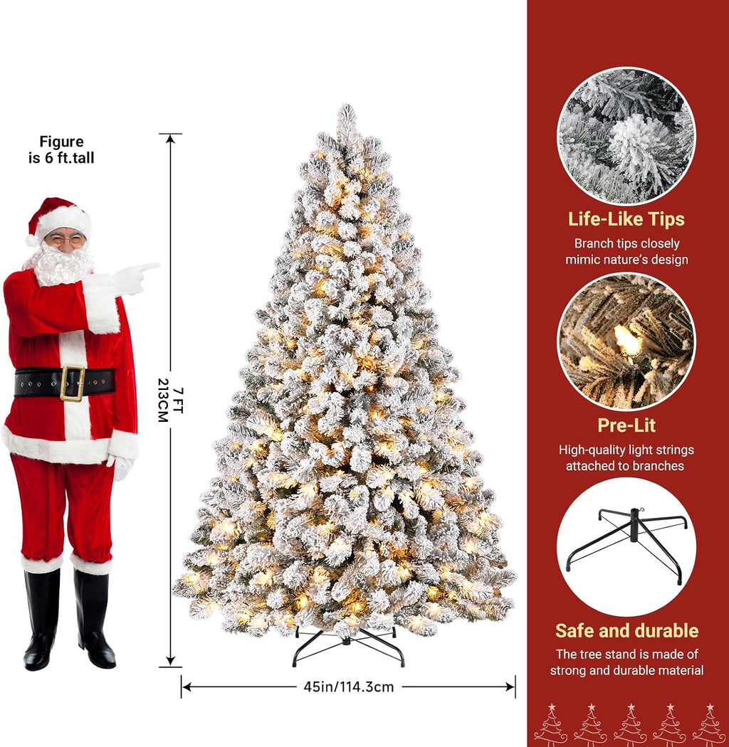 SHareconn 7ft Snow Flocked Spruce Pre-lit Artificial Christmas Tree, White