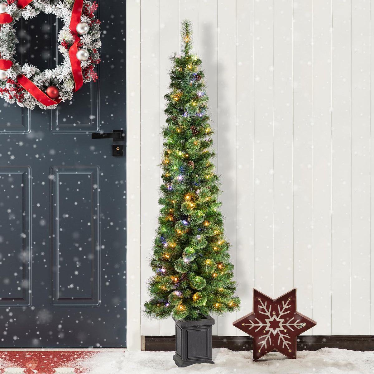 Glitzhome 7.5ft Prelit Christmas Tree, Artificial Christmas Tree with 350 Warm White Lights, Flocked Pencil Christmas Trees Chicago Frostwood Spruce with 1,211 PE&PVC Branch Tips,Sturdy Metal Stand