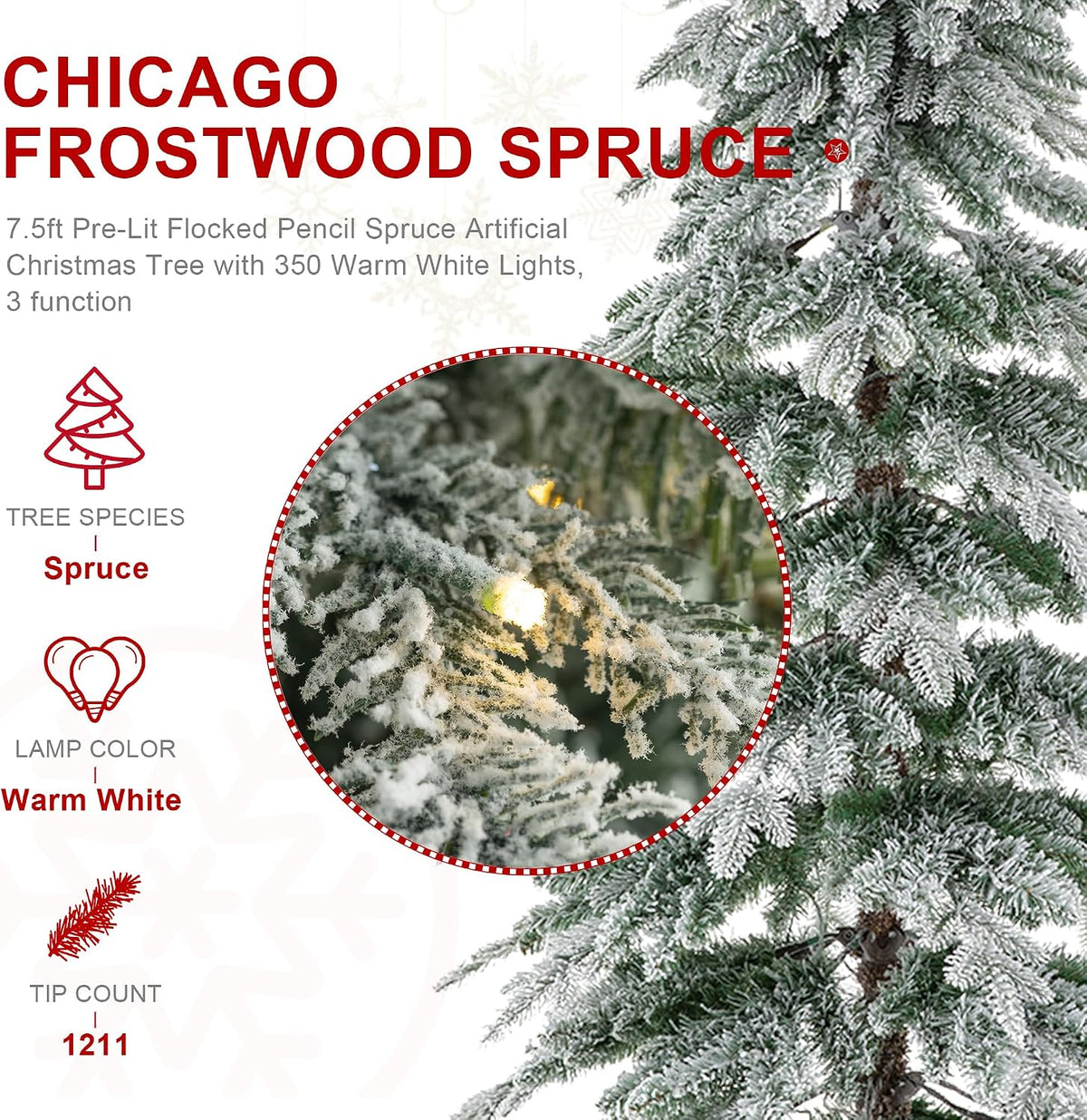 Glitzhome 7.5ft Prelit Christmas Tree, Artificial Christmas Tree with 350 Warm White Lights, Flocked Pencil Christmas Trees Chicago Frostwood Spruce with 1,211 PE&PVC Branch Tips,Sturdy Metal Stand