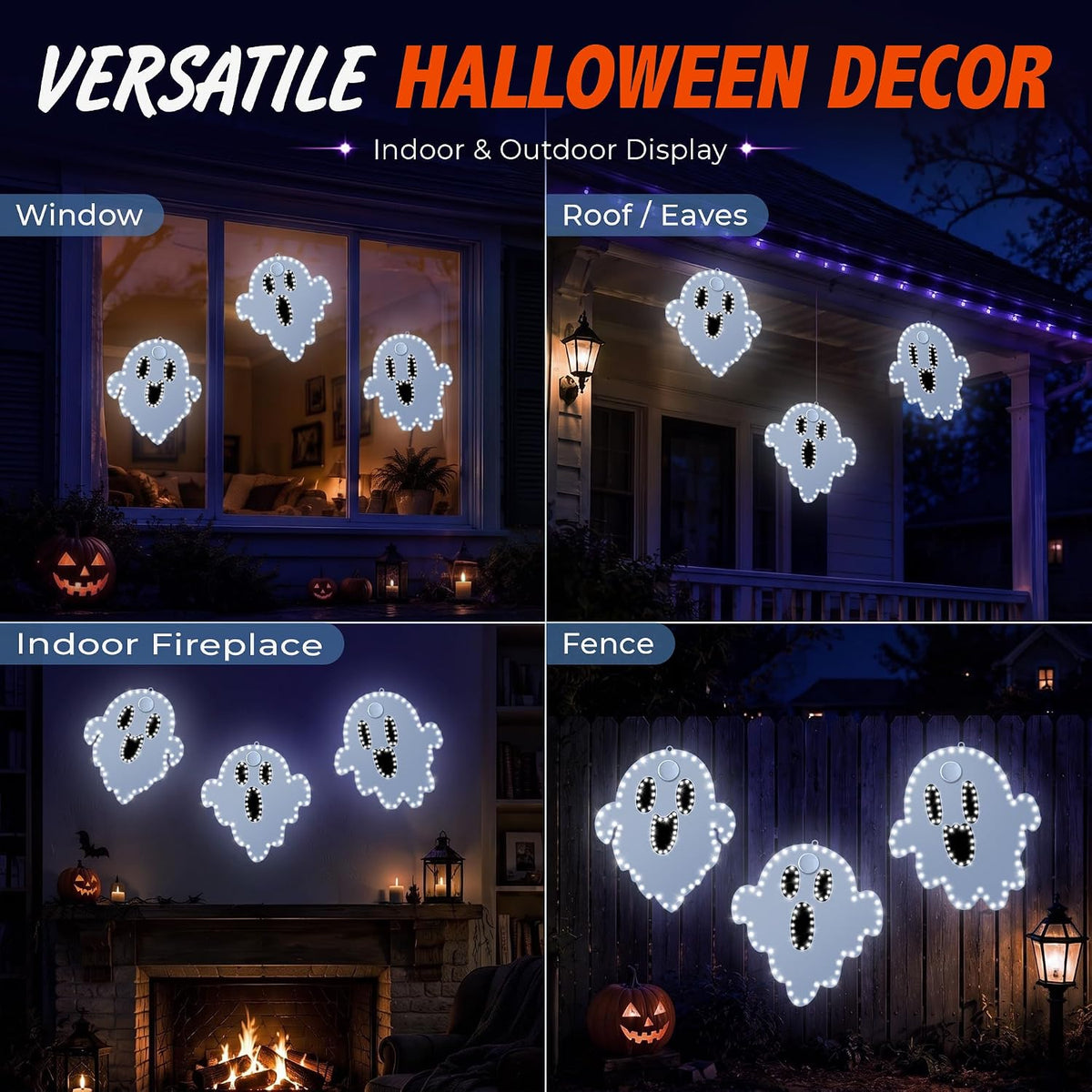 3 Pack 10" Halloween Classics Twinkling LED Ghosts, Hi-Vibrant Aluminum Frame Ghost Window Silhouette Lights, Cool White LED Lights, Holiday Indoor Outdoor Decoration