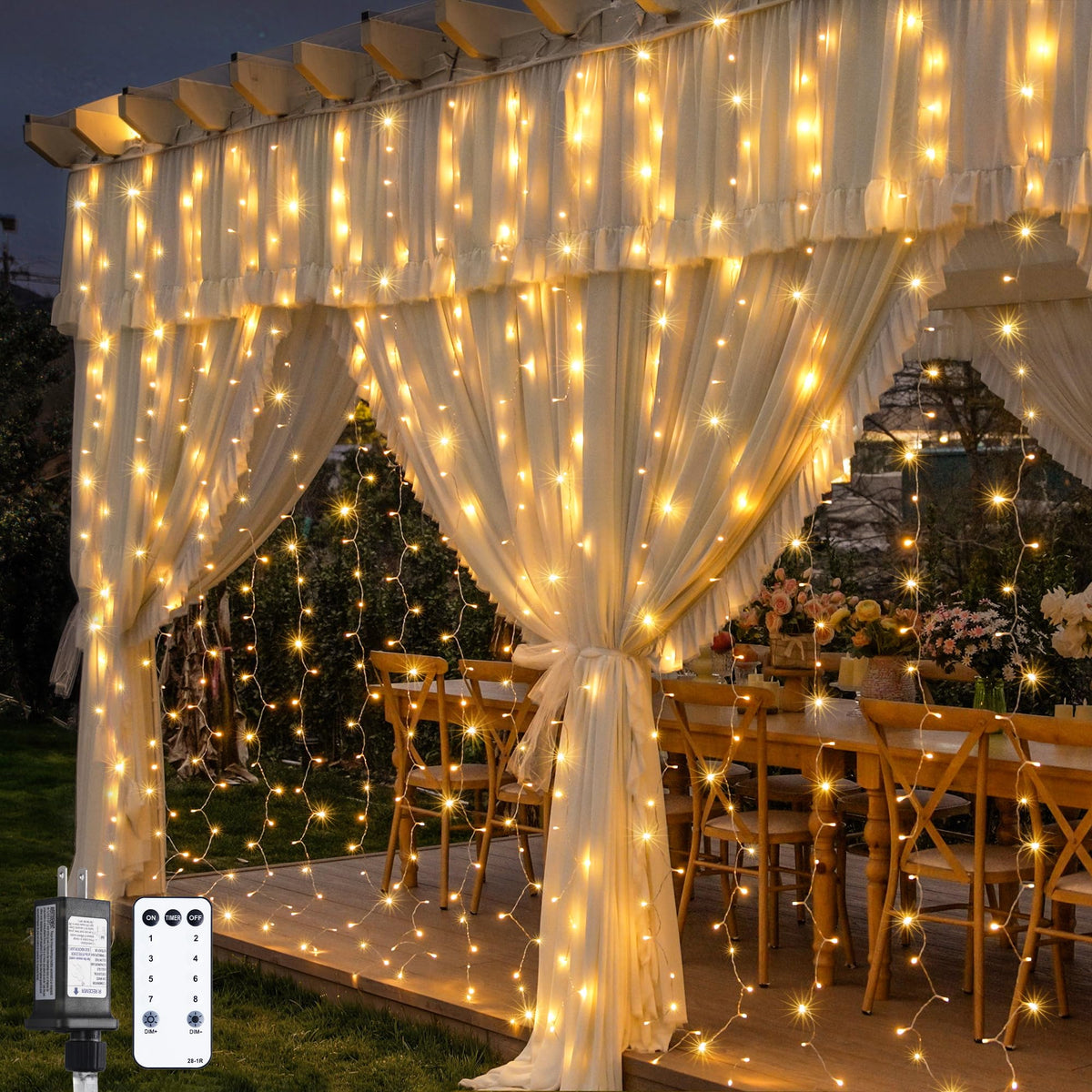 JMEXSUSS 300 LED Remote Control Curtain Lights, Plug in Fairy Curtain Lights Outdoor, Window Wall Hanging String Lights for Bedroom Indoor Dorm Backdrop Wedding Party Patio Christmas Decor, Warm White
