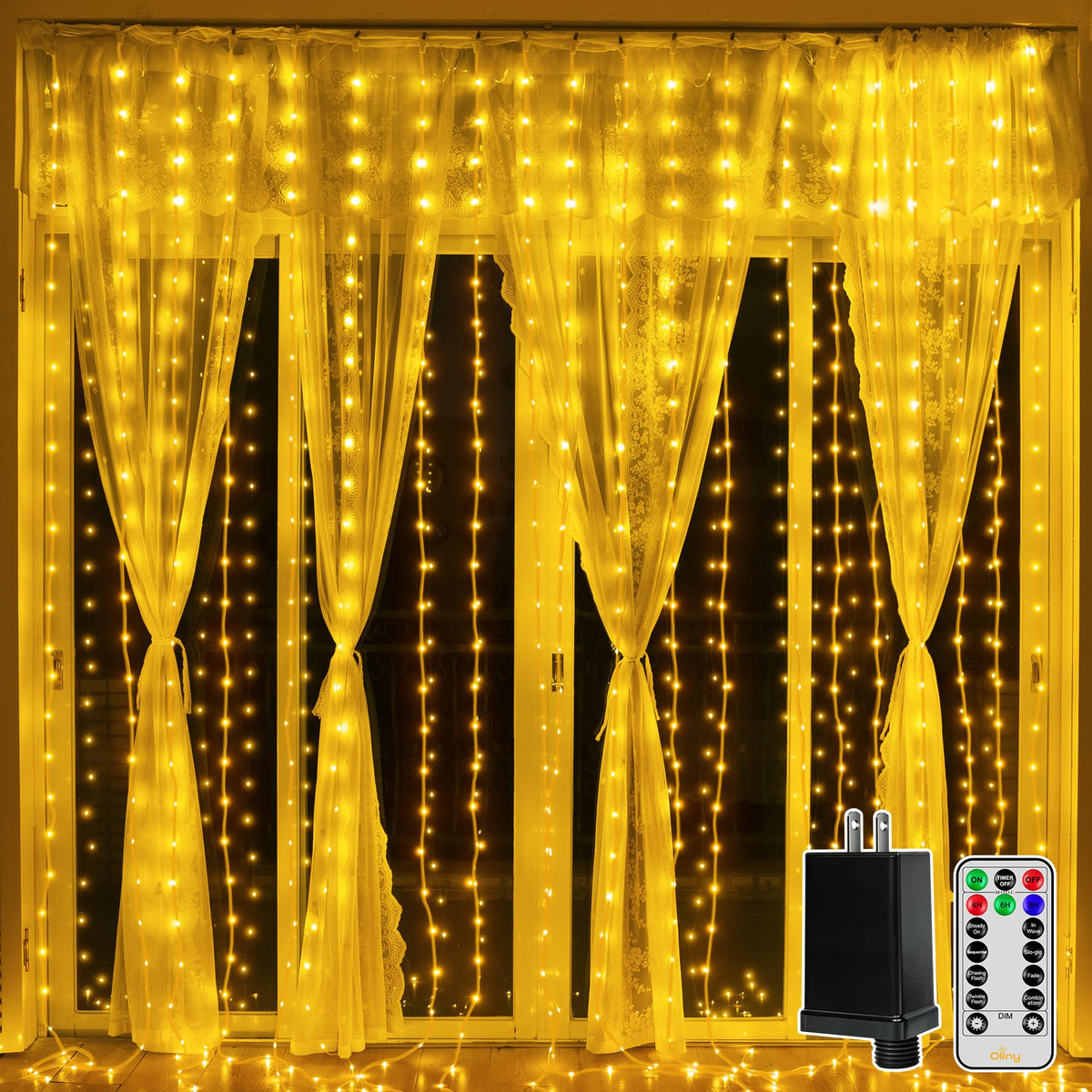 Ollny Curtain Lights 300LED 9.8ftx9.8ft, Connectable IP67 Waterproof