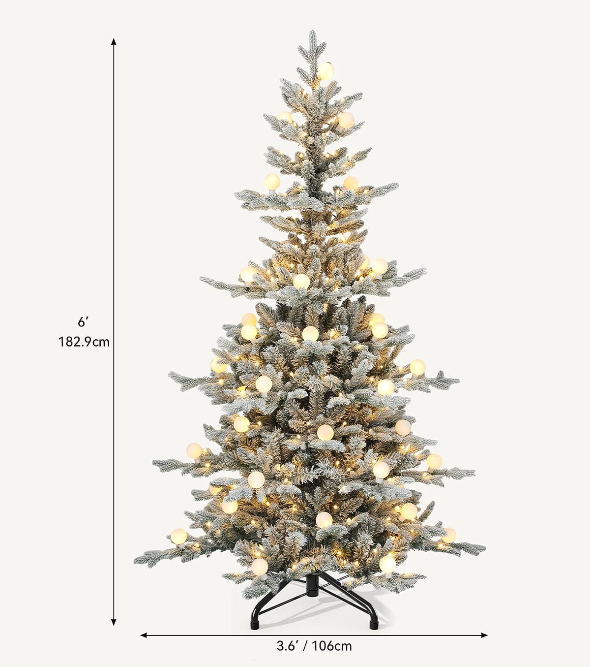 DWVO 6ft Prelit Flocked Aspen Fir Christmas Tree with Bulbs and Lights, Full Artificial Xmas Tree with 1336 Metal Hinged PE & PVC Flame Resistant Branches, 46 Bulbs and 270 Lights Remote Controlled