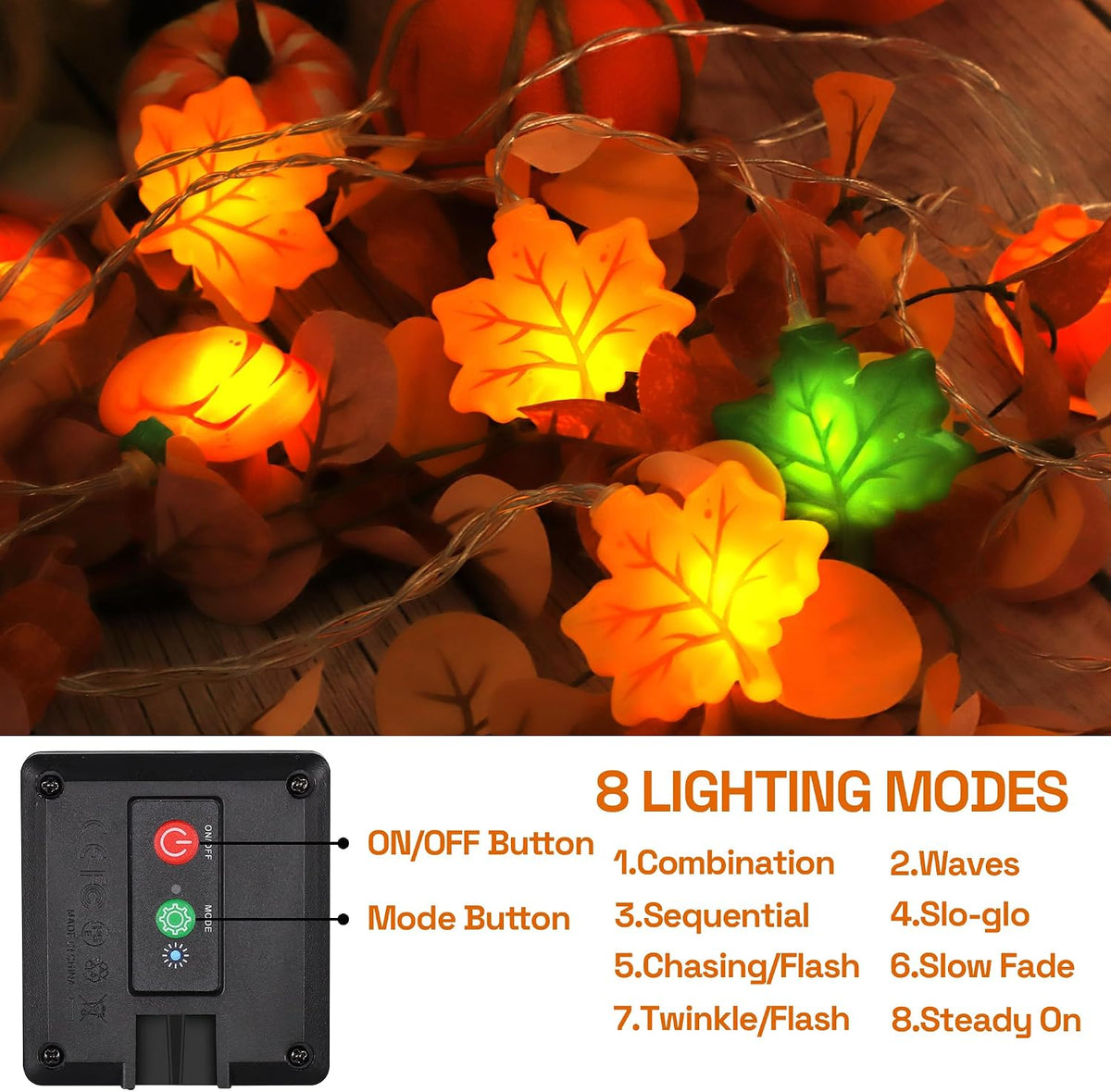 Solar Fall Lights Outdoor 17.4Ft 3D Acorn Pumpkin Maple Leaf String Lights, 8 Modes Thanksgiving Lights Fall Decor Thanksgiving Decorations for Outdoor