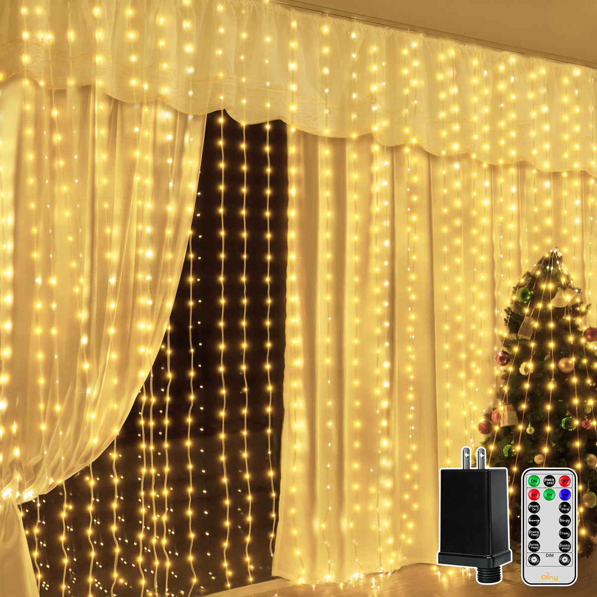 Ollny Curtain Lights 300LED 9.8ftx9.8ft, Connectable IP67 Waterproof