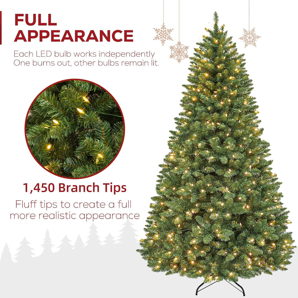 Hykolity 7.5 ft Prelit Christmas Tree with 1,450 Branch Tips, 450 Warm White Led Lights, Hinged Design and Sturdy Metal Stand