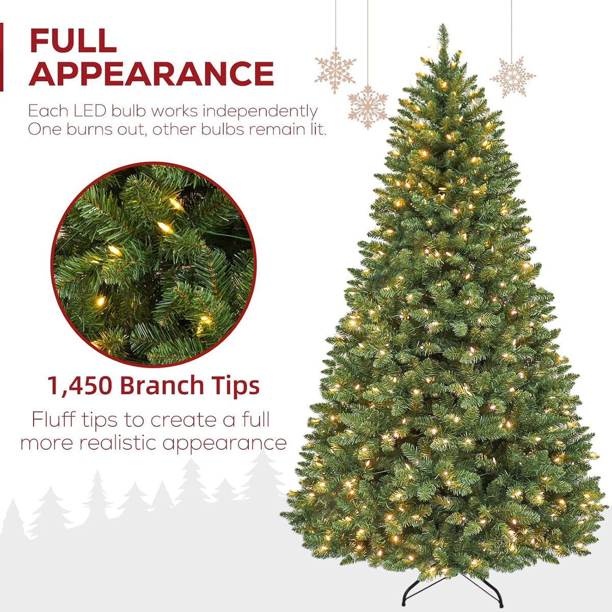 Hykolity 7.5 ft Prelit Christmas Tree with 1,450 Branch Tips, 450 Warm White Led Lights, Hinged Design and Sturdy Metal Stand