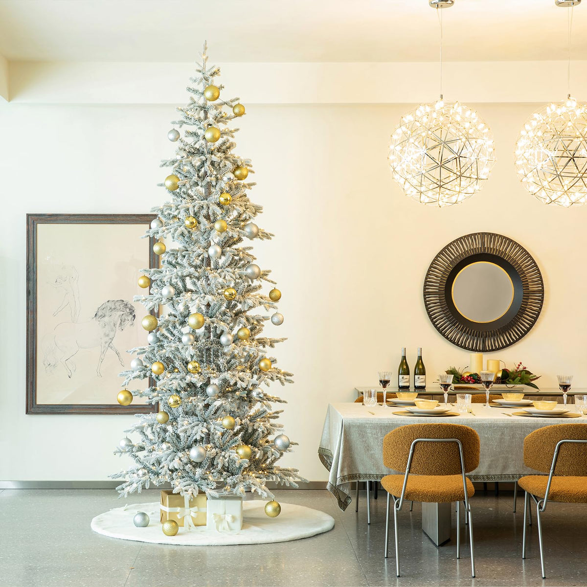 Glitzhome 7.5ft Prelit Christmas Tree, Artificial Christmas Tree with 350 Warm White Lights, Flocked Pencil Christmas Trees Chicago Frostwood Spruce with 1,211 PE&PVC Branch Tips,Sturdy Metal Stand
