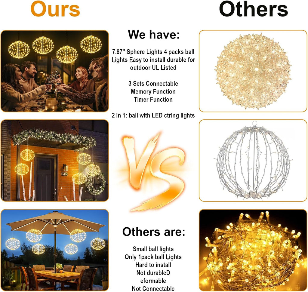 Outdoor Ball String Lights, Hanging Tree Garden Lights - 2 Pack 11.8" Sphere Light with Plug for Party Wedding Yard Garden Porch Patio Decoration(Warm White)