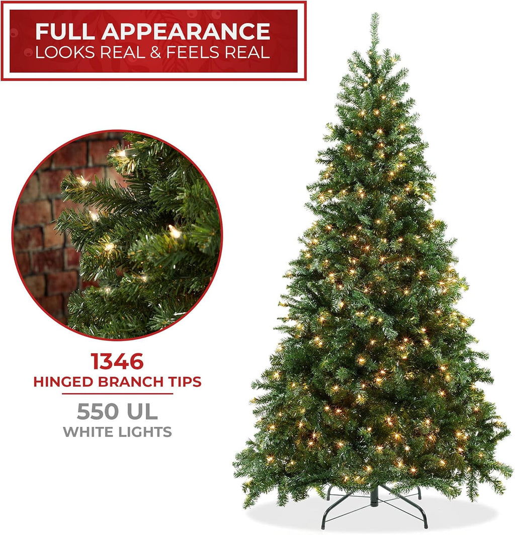 Casafield 7.5FT Realistic Pre-Lit Green Spruce Artificial Holiday Christmas Tree with Sturdy Metal Stand