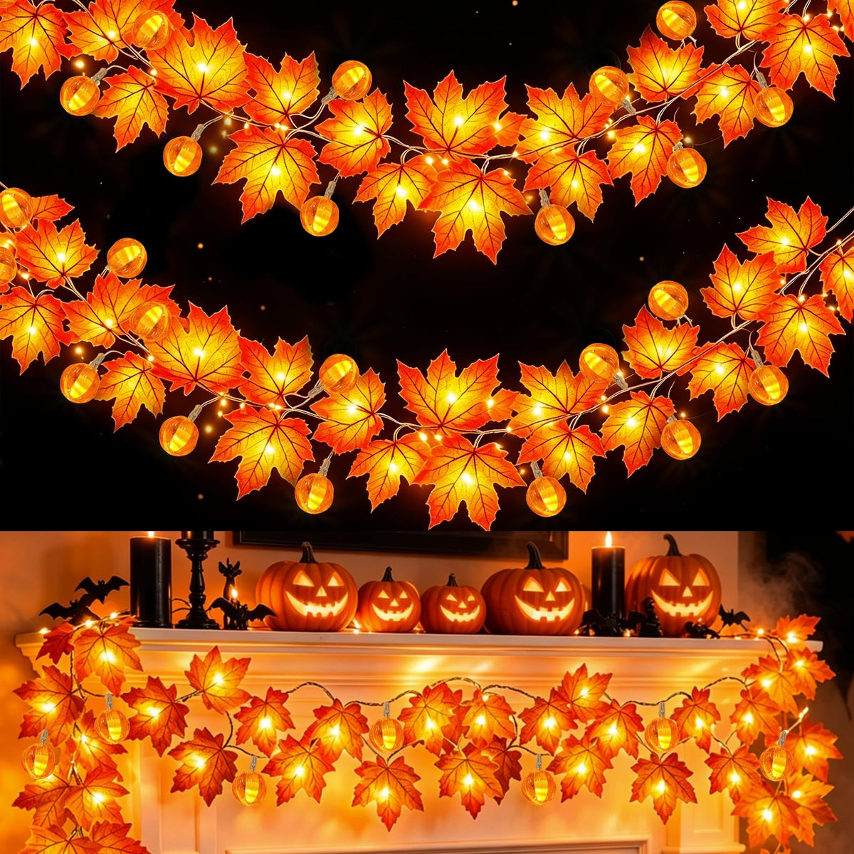 3 Pack Fall Garland with Pumpkin Lights Enlarged Maple Leaves 30Ft 60LED
