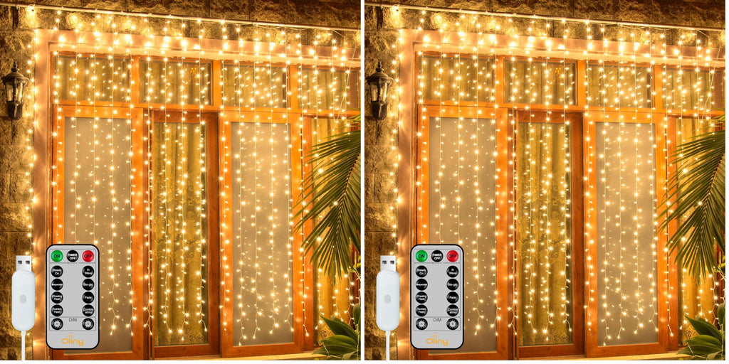 Ollny Curtain Lights 6.6x6.6ft, 200LED String Lights with Remote Warm White