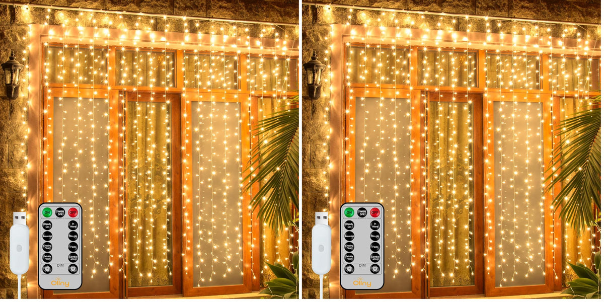 Ollny Curtain Lights 6.6x6.6ft, 200LED String Lights with Remote Warm White
